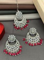 Red Chandbali Design Earrings With Maang Tikka